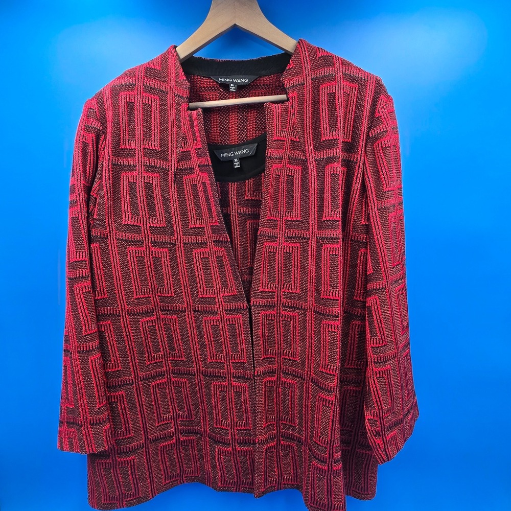 Ming Wang 2pc Twin Set Knit Cardigan Jacket & Tank XL Red Black Pattern